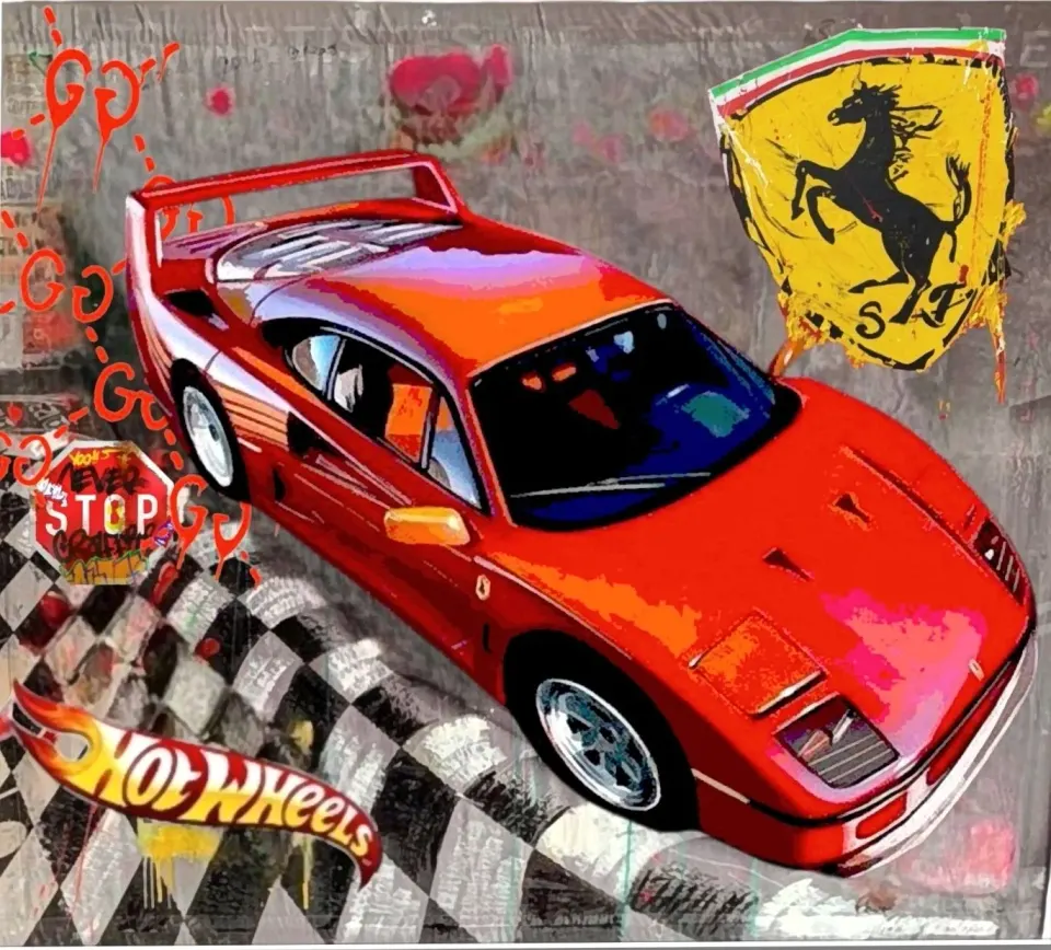 Opera di RO5: auto sportiva rossa su scacchiera